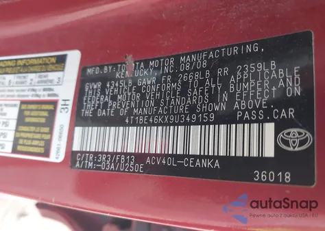 2009 Toyota Camry Le from USA, damaged, VIN 4T1BE46KX9U349159